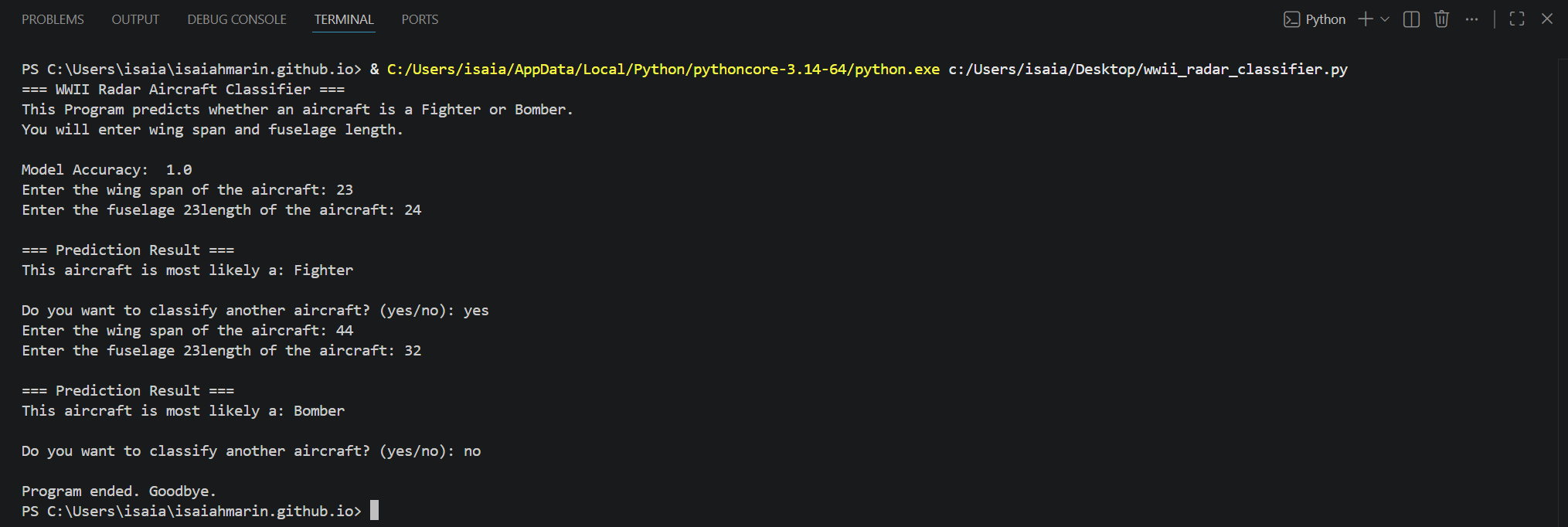 Python Classifier Output